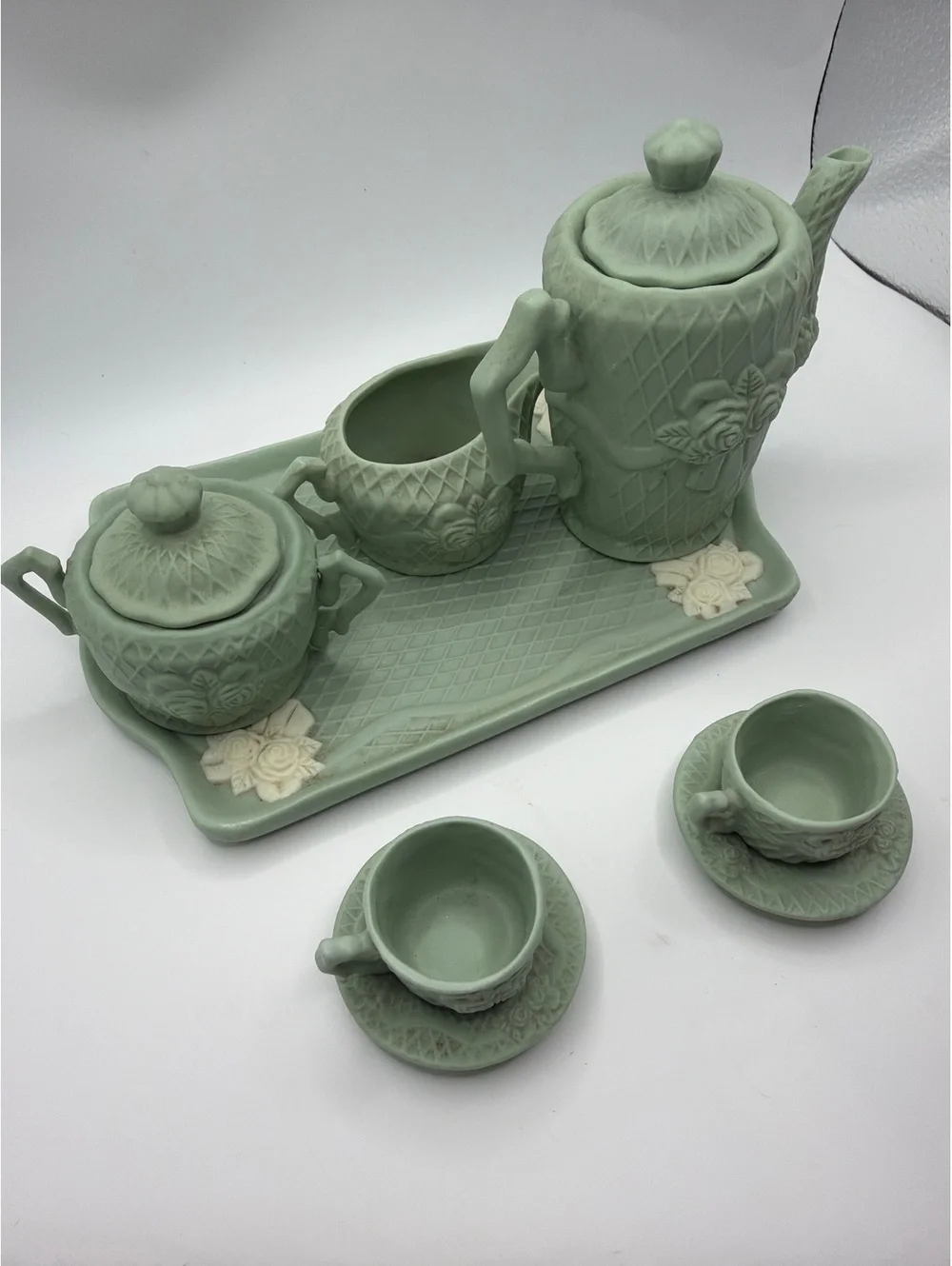 Vintage Green Ceramic Tea Set with Floral Embossed Design